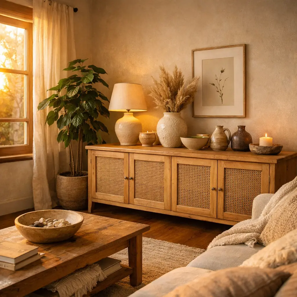 Salón estilo natural con aparador en madera