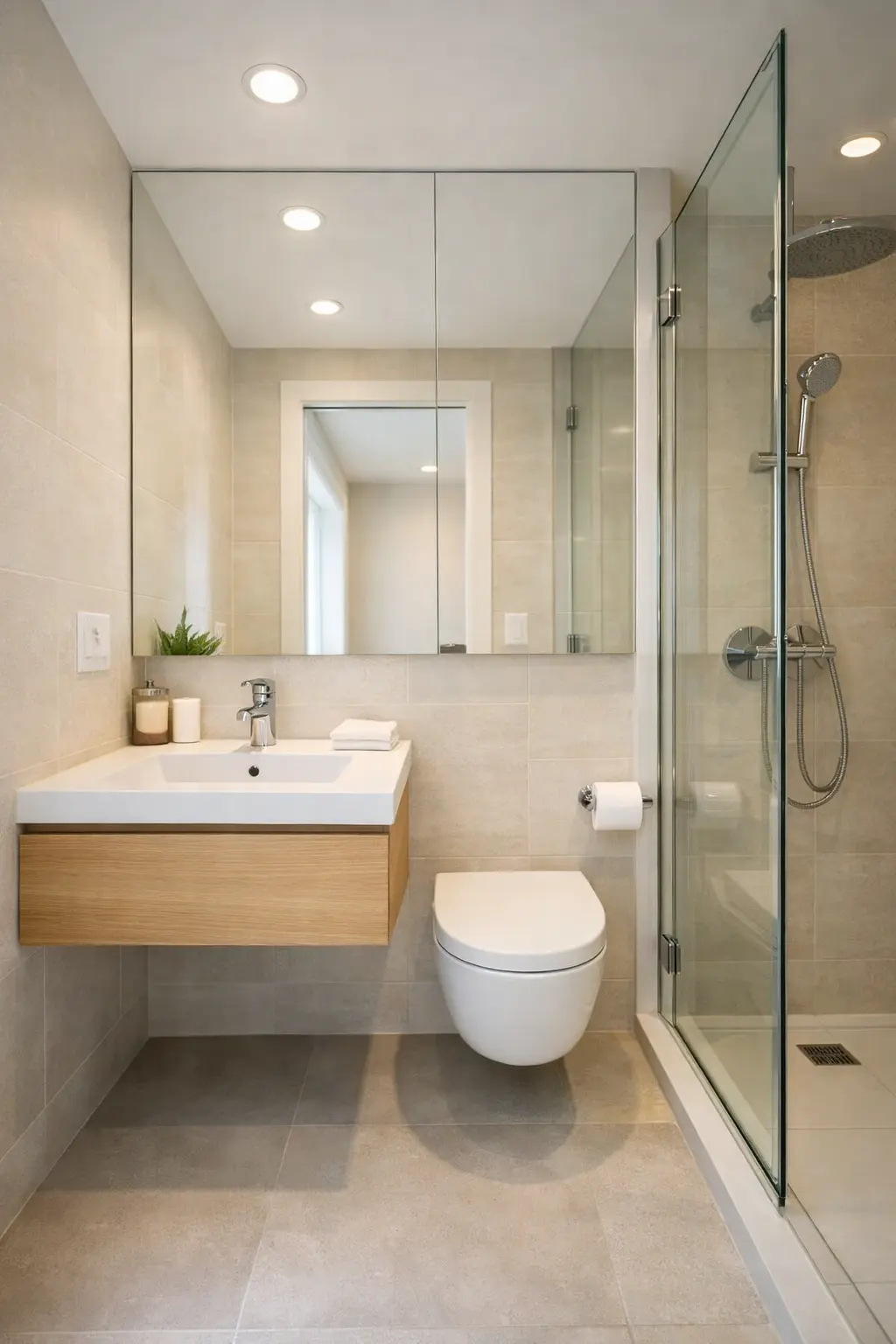 Baño minimalista moderno con mampara de cristal