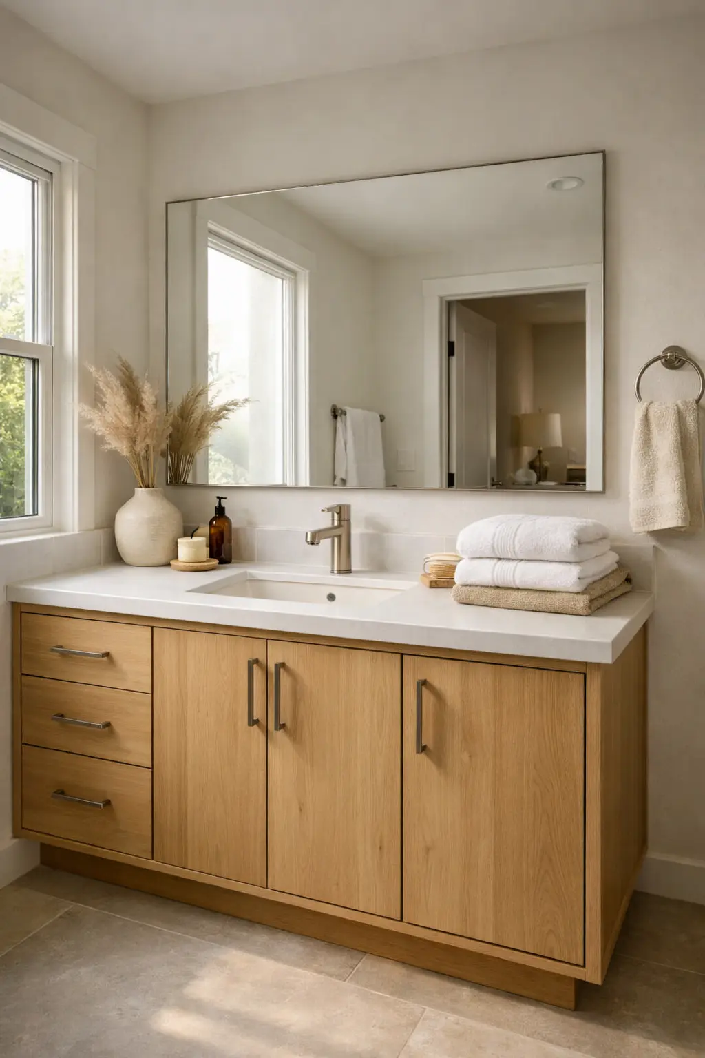 Decoración de baño moderno en blanco y madera