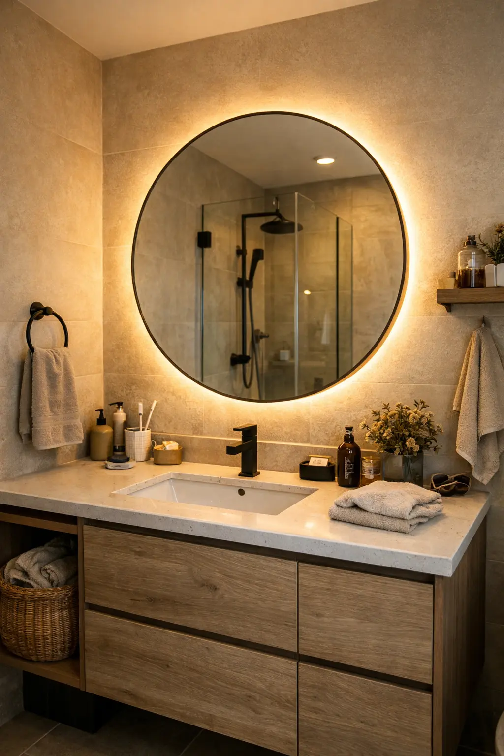 Baño moderno con espejo retroiluminado