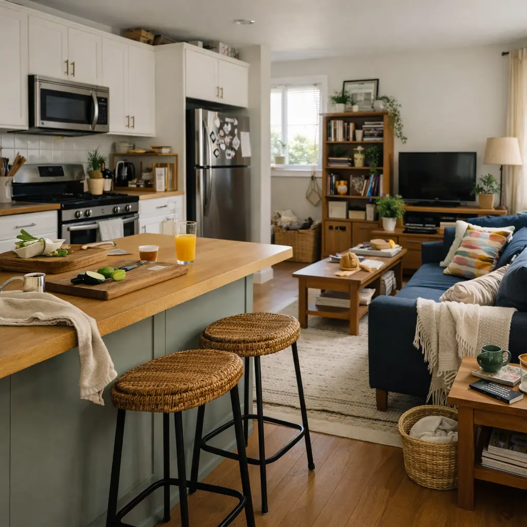 Cocina abierta al salón separada por una barra