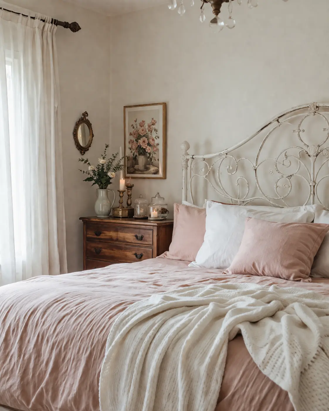 Dormitorio estilo romántico con cabecero de forja