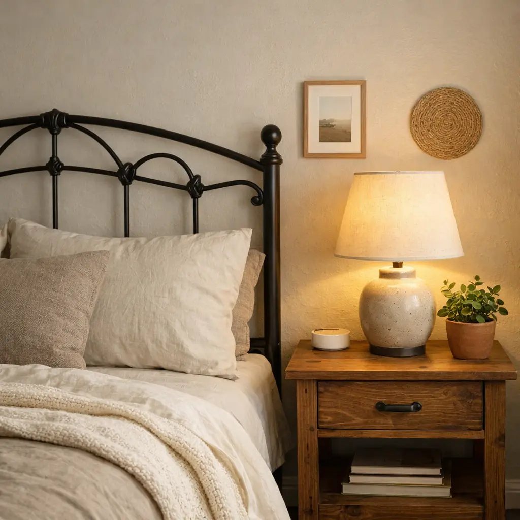 Mesita de noche de madera y cabecero de forja