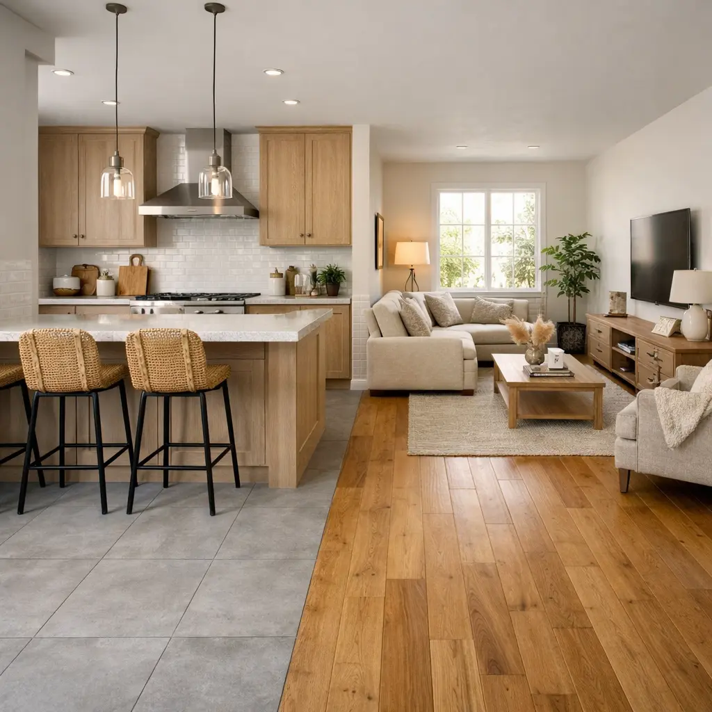 Separación visual de la cocina y el salón con cambio de suelo