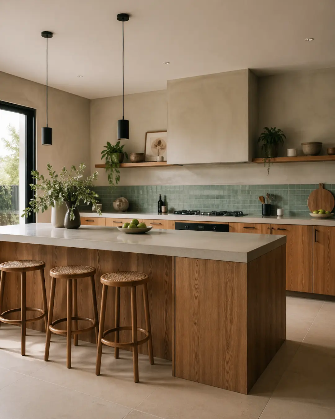 Cocina abierta con muebles acabado madera, paredes gris claro y revestimiento verde