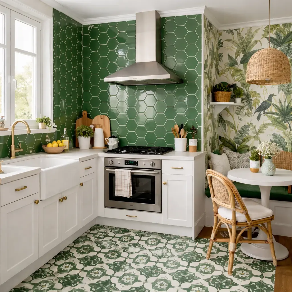 Cocina abierta en verde y blanco