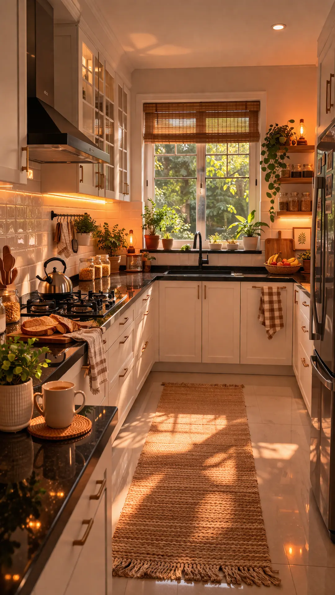 Cocina blanca con encimera negra, cálida