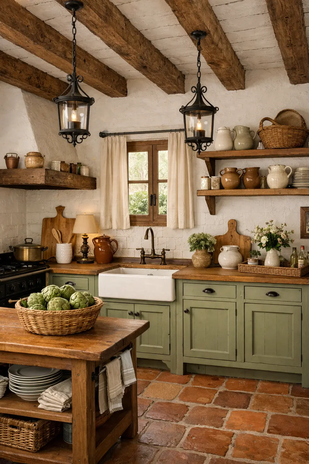 Cocina de campo en blanco, verde y madera