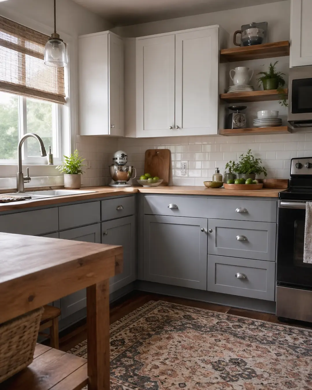 Cocina estilo clásico en gris claro y madera