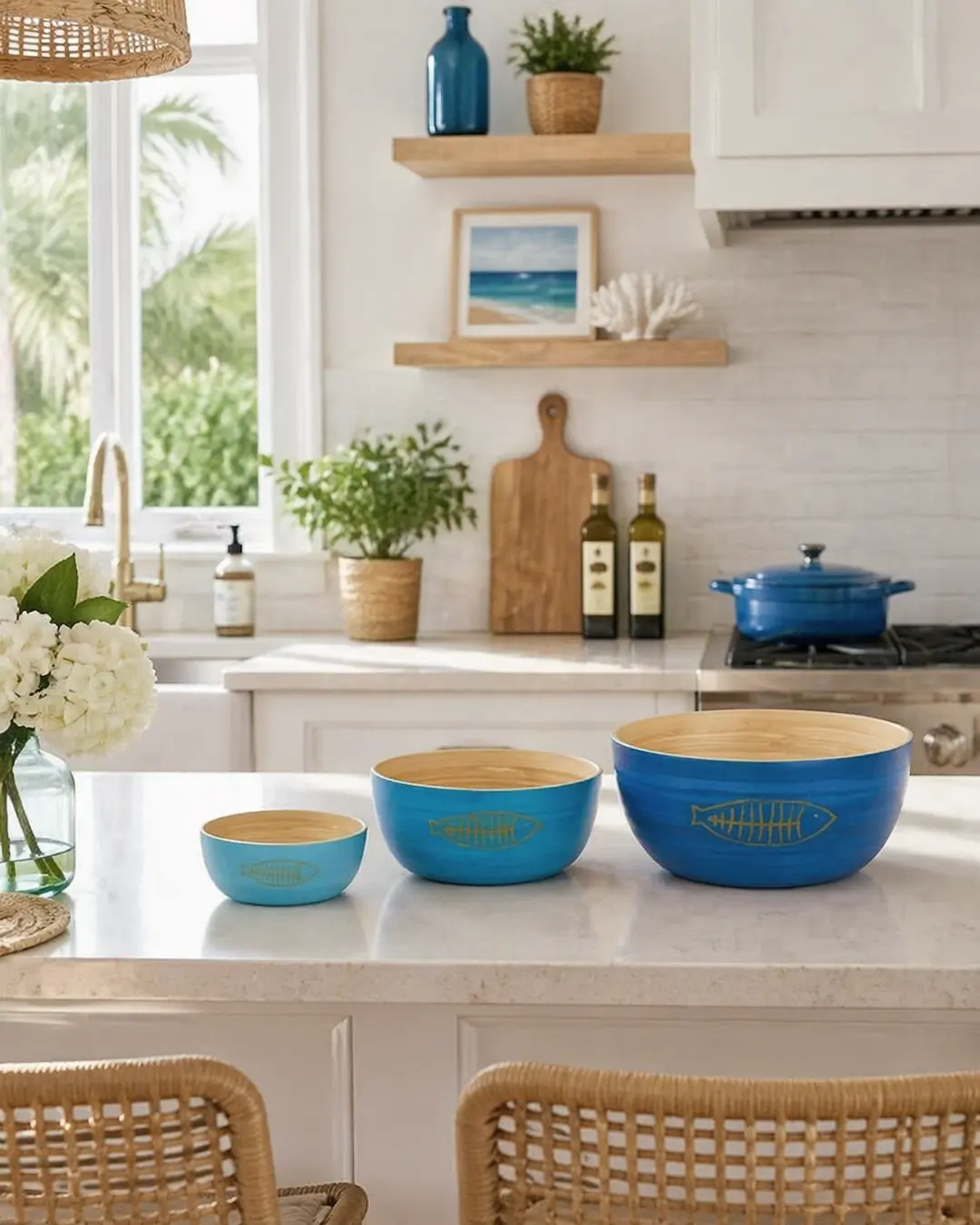 Cocina en blanco, madera y detalles en azul