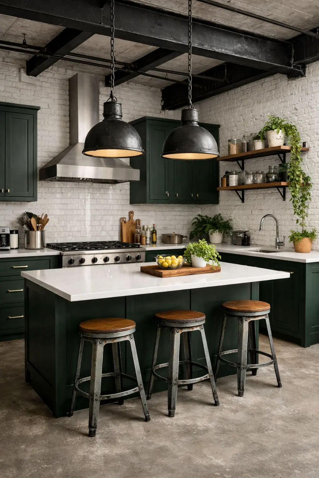 Cocina estilo industrial en blanco y verde