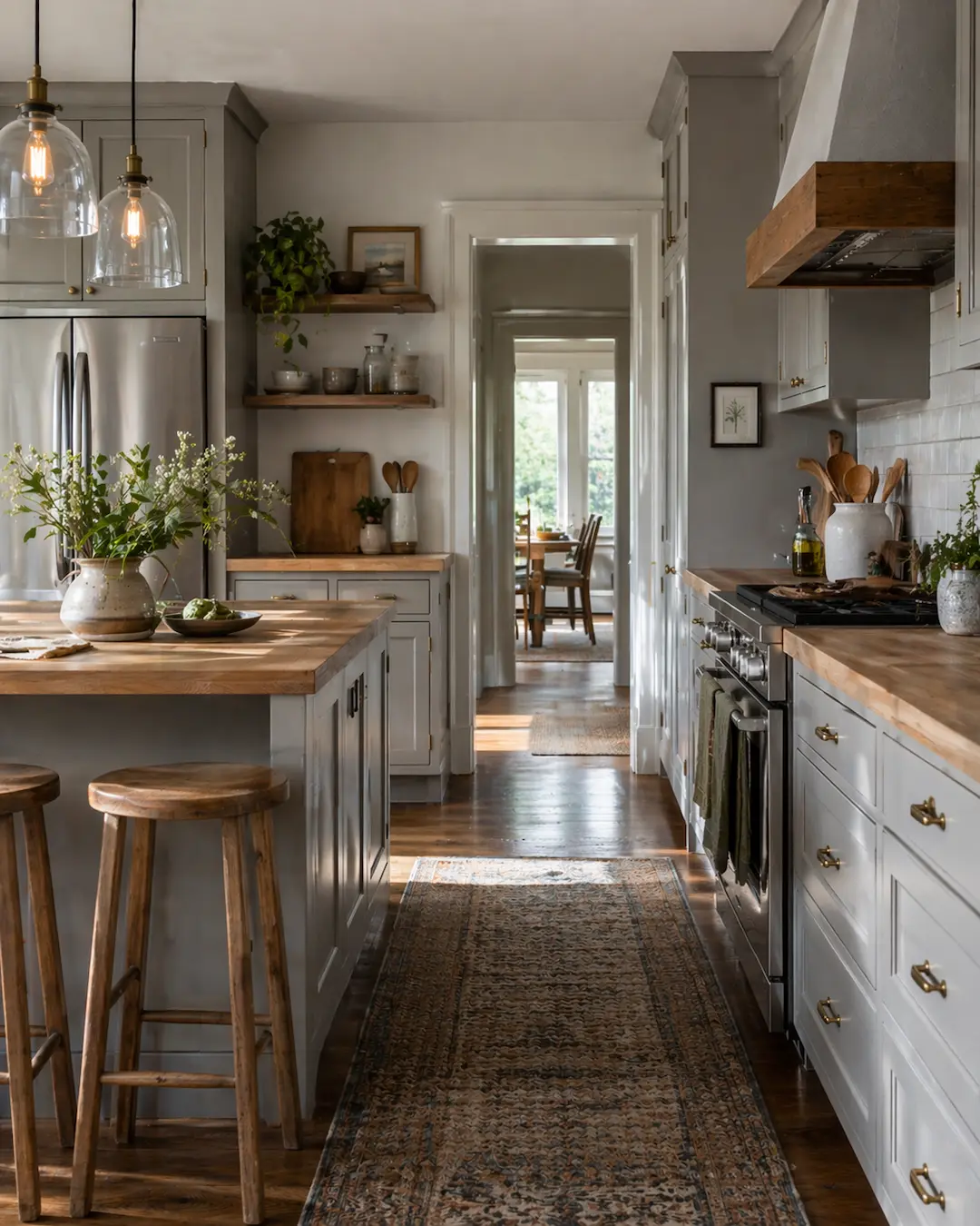 Cocina con isla en color gris claro y madera