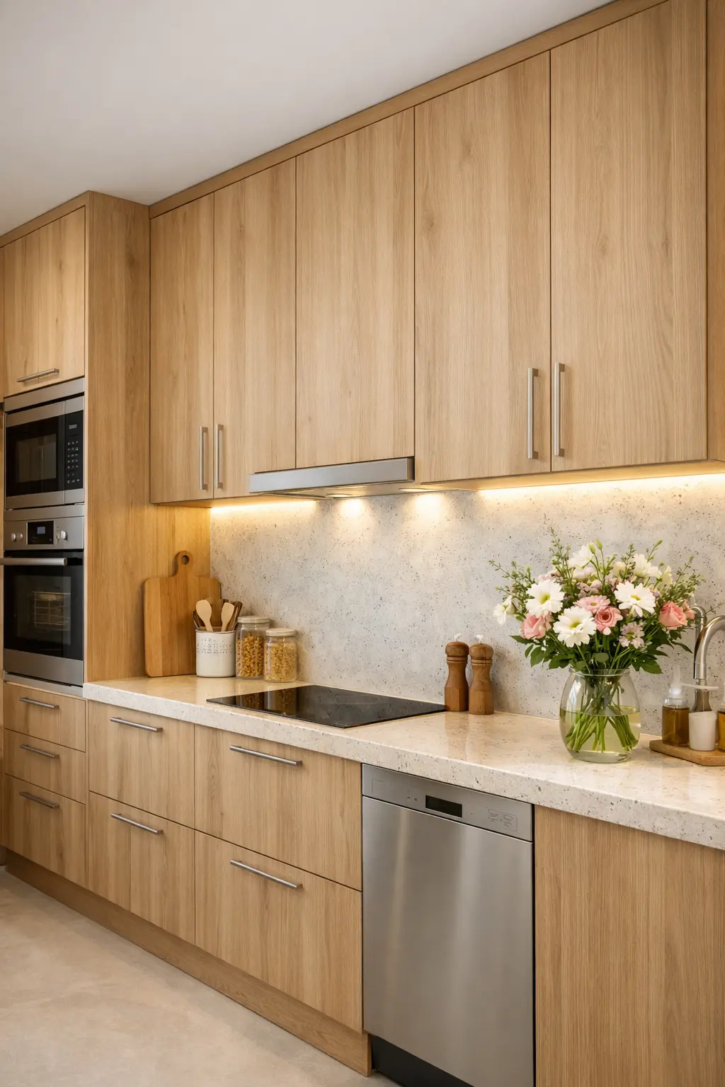 Cocinas en línea con muebles hasta el techo