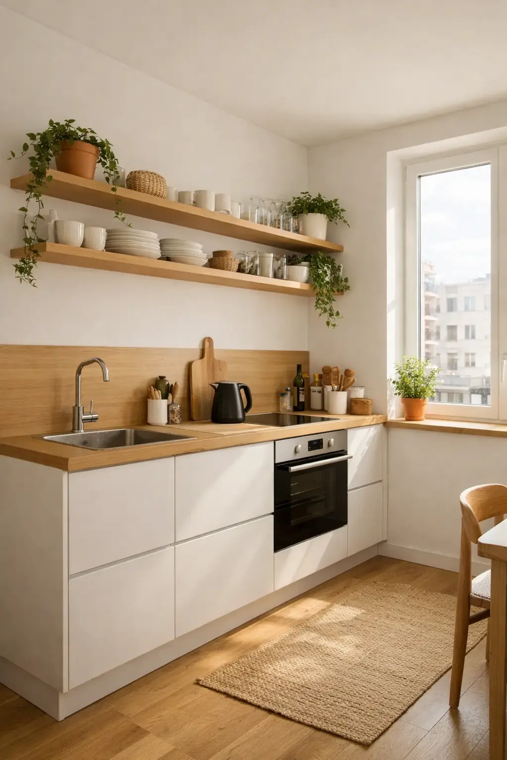 Cocina minimalista en línea, en blanco y madera
