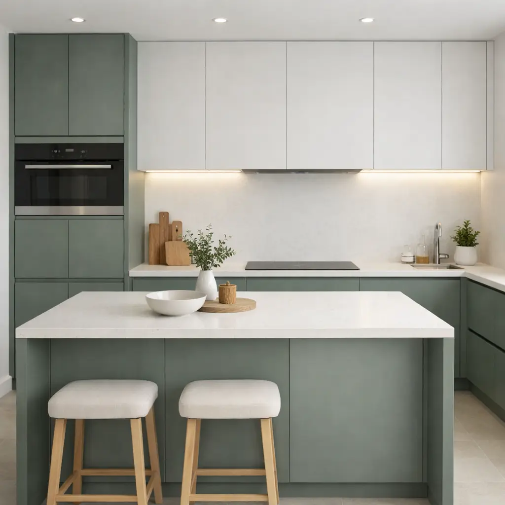 Cocina minimalista en verde mineral y blanco
