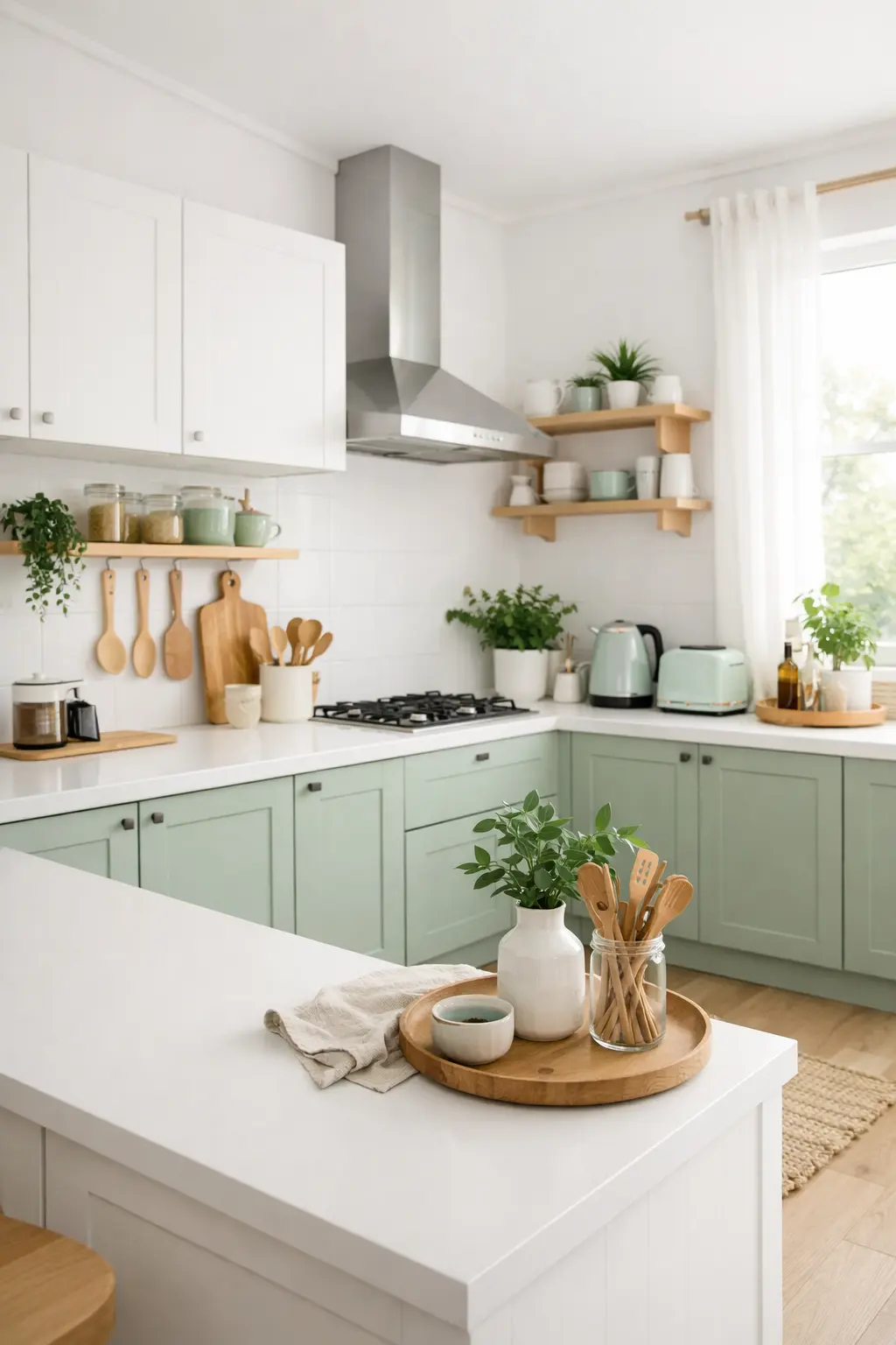 Cocina estilo nórdico en color verde menta y blanco