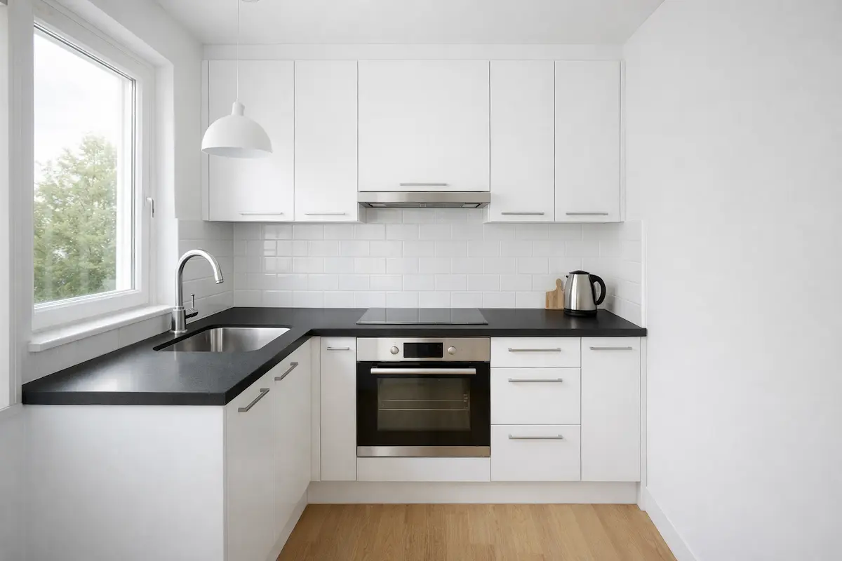 Encimera negra en cocina blanca pequeña