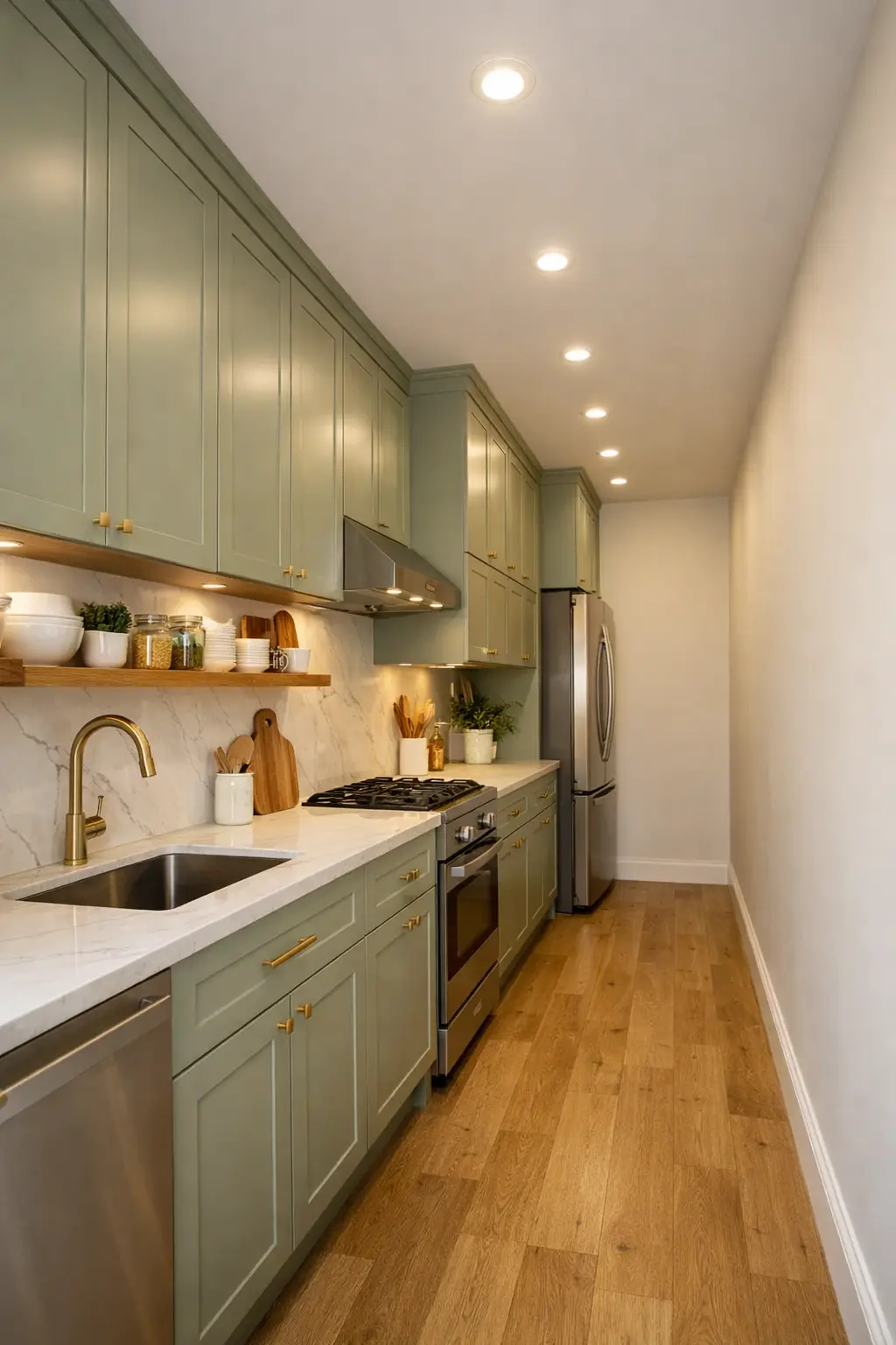 Cocina lineal en verde y madera, con muebles hasta el techo