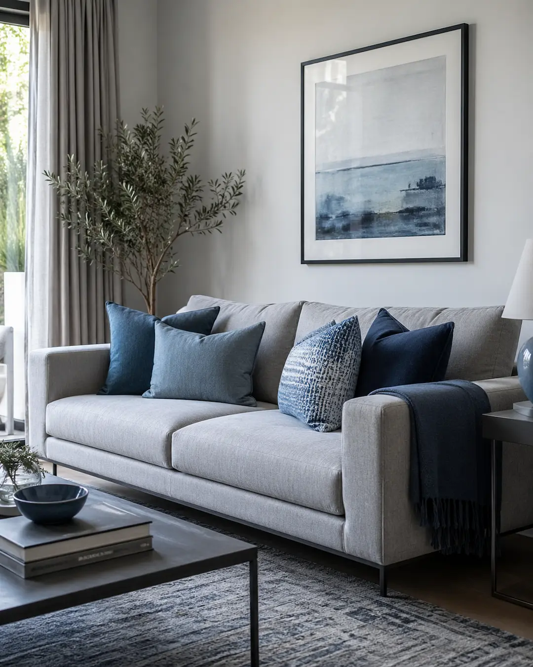 Cojines en azul para un sofá gris