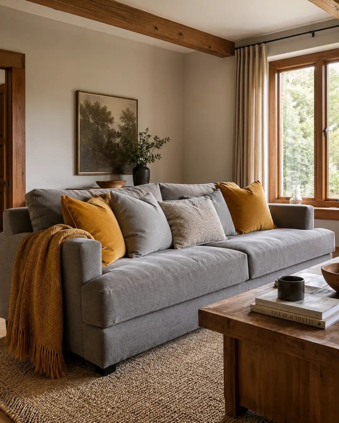 Cojines mostaza para decorar un sofá gris