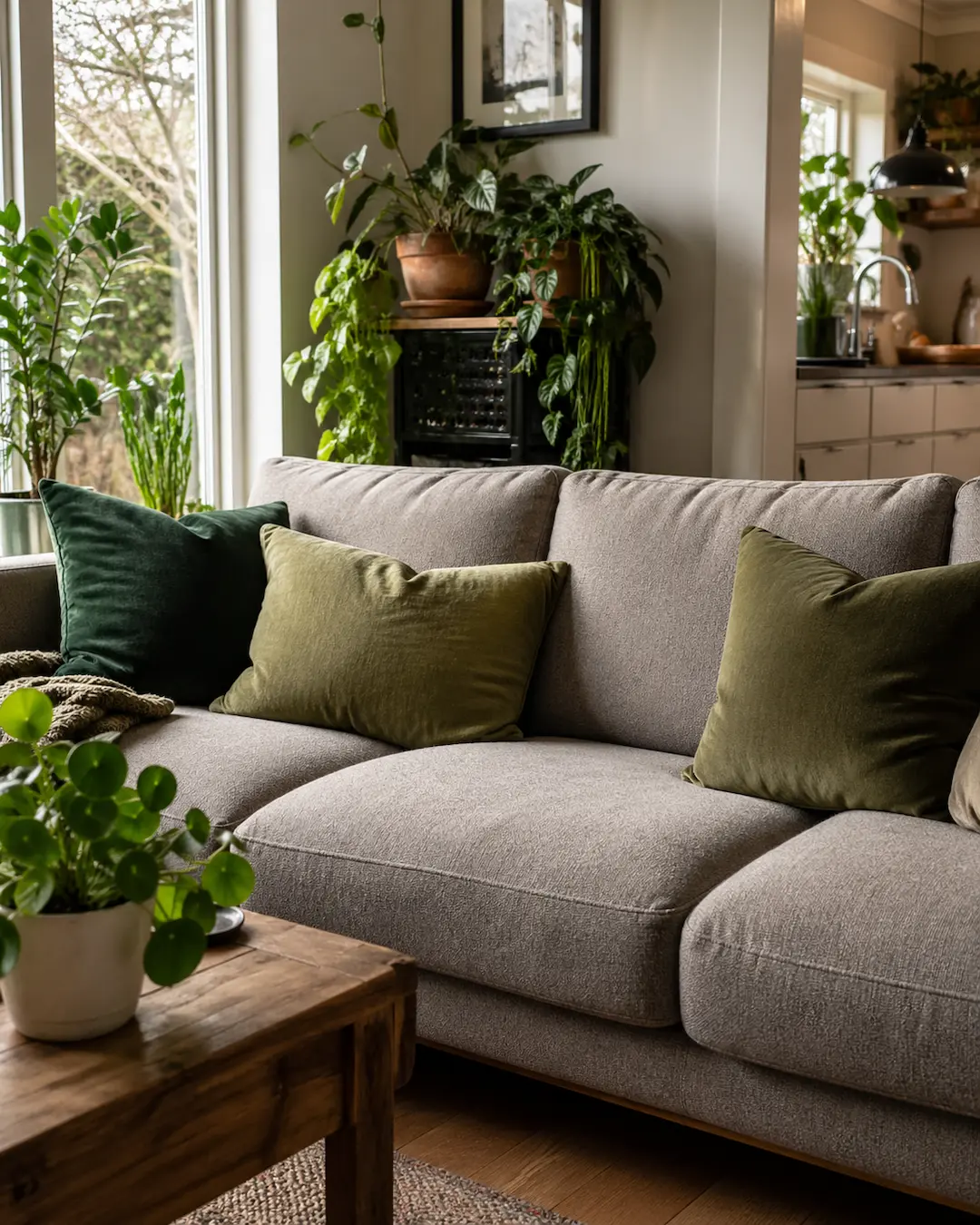 Sofá gris y cojines en tonos verde