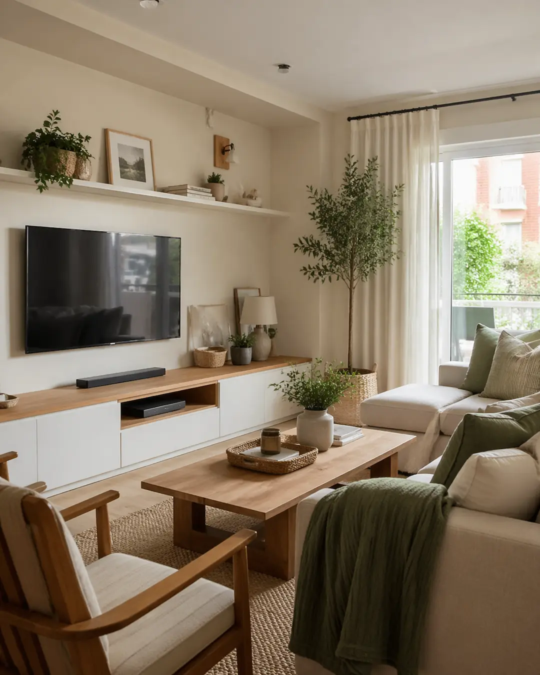 Salón con muebles en blanco y madera y detalles en beige y verde