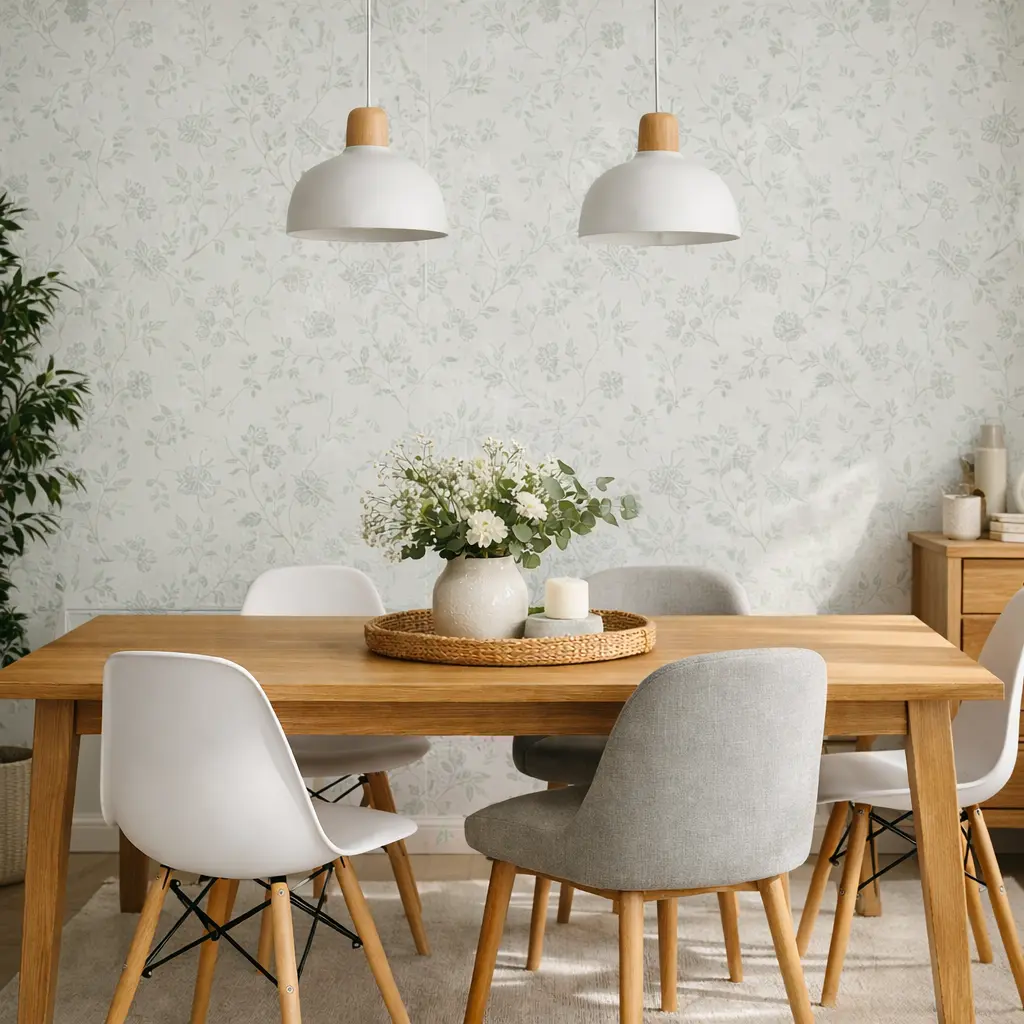 Comedor con pared patrón de flores