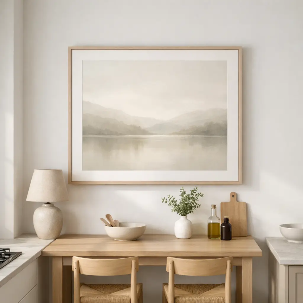 Pared de cocina con cuadro con paisaje