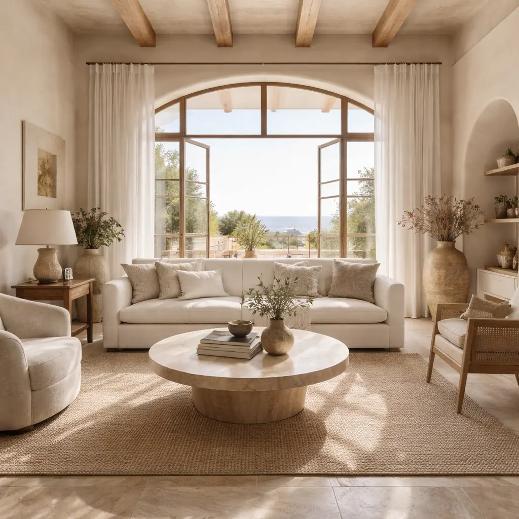 Salón estilo mediterráneo con gran ventanal y vistas