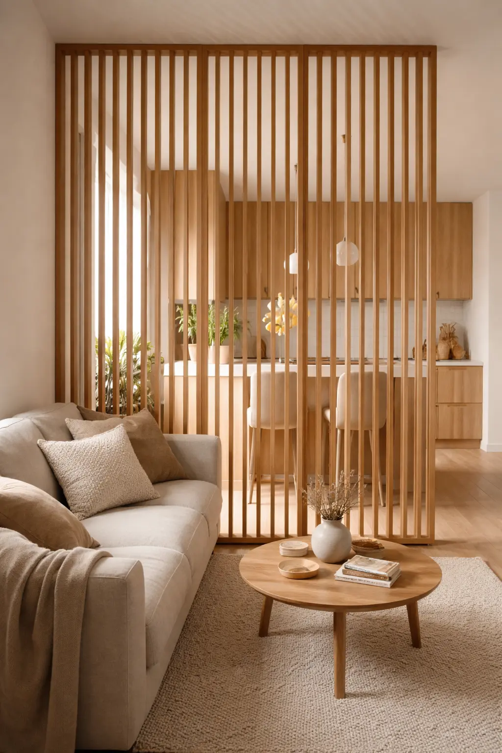 Panel de listones de madera para separar la cocina del salón