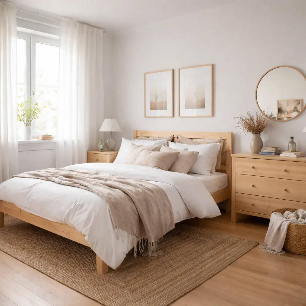 Dormitorio en blanco y madera clara