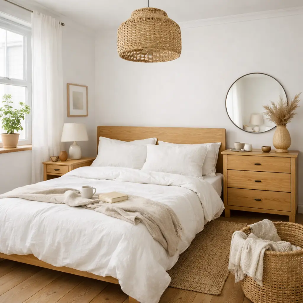 Equilibrio visual en dormitorio blanco y madera natural