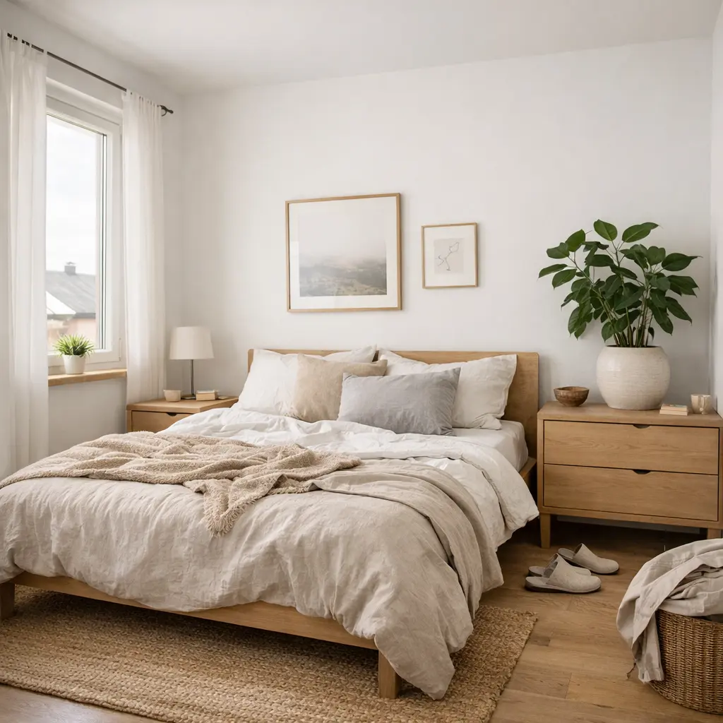 Dormitorio estilo nórdico en blanco y madera