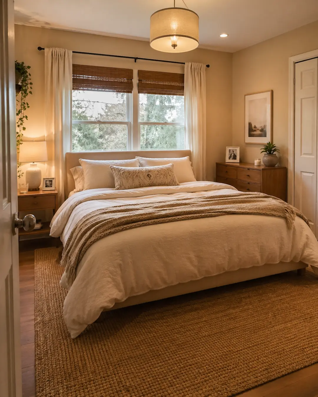 Dormitorio con paredes arena