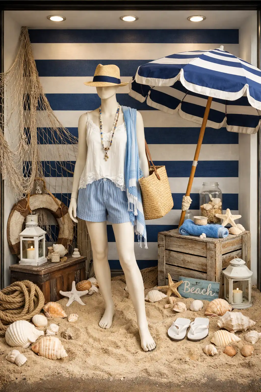 Escaparate ambiente de playa y estilo navy
