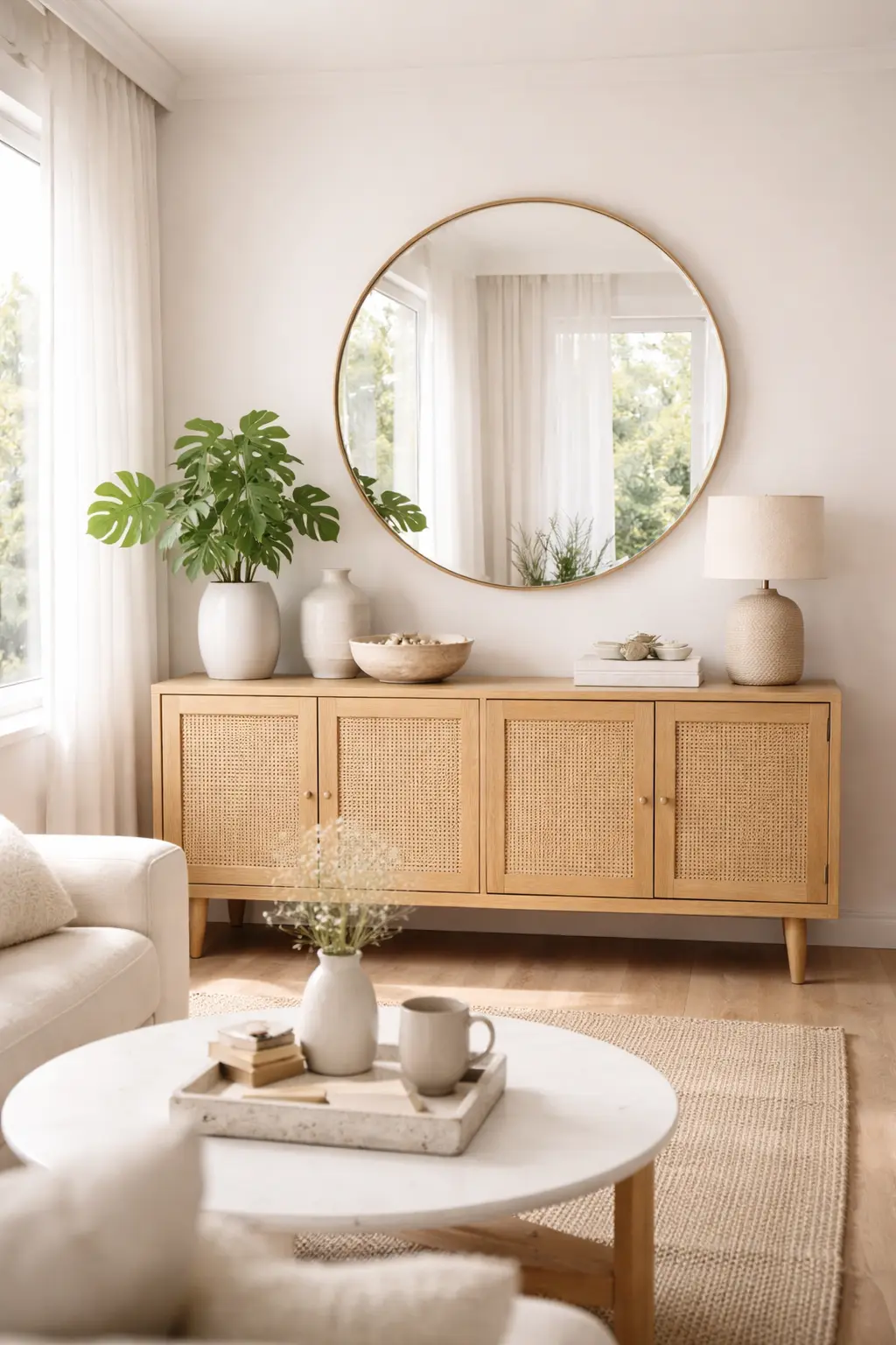 Salón con espejo redondo en la pared del aparador