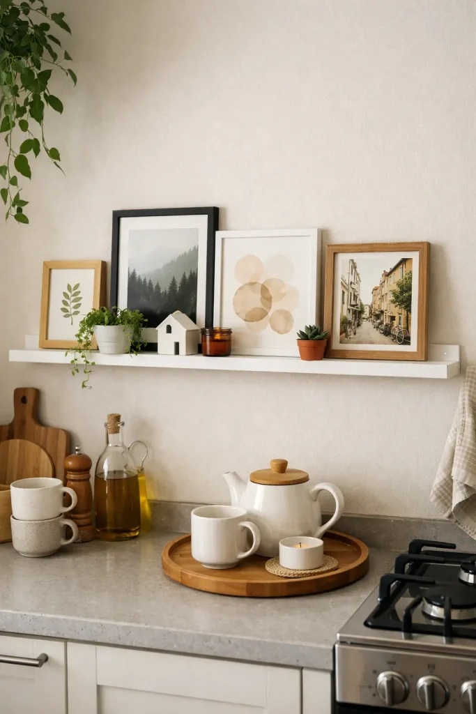 Pared de cocina con estante y láminas