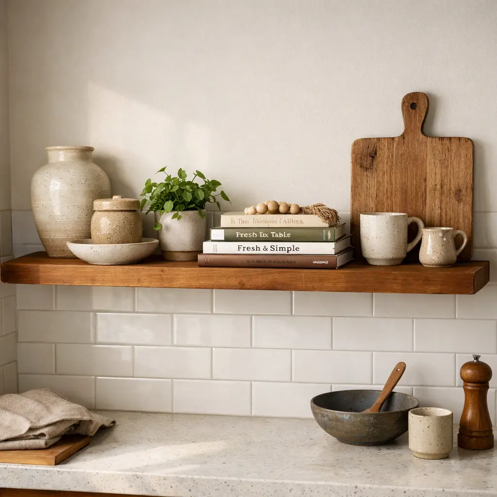 Pared de cocina con estante de madera natural