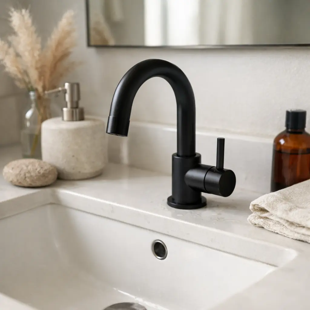 Grifería negra en baño moderno