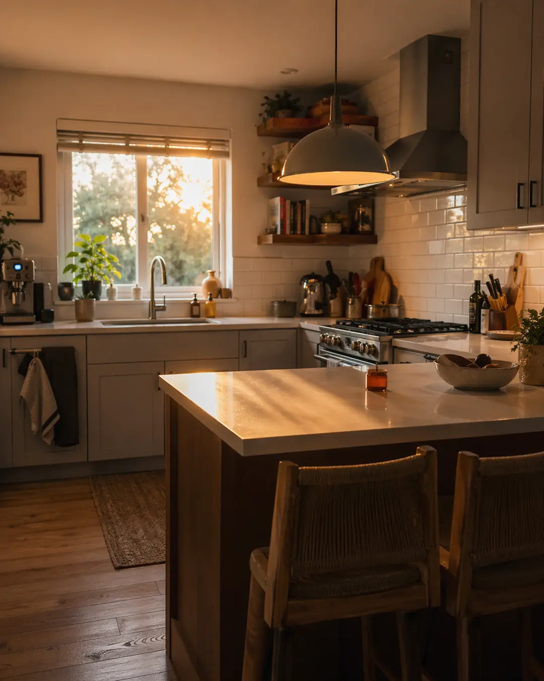 Iluminación en cocina gris claro y madera