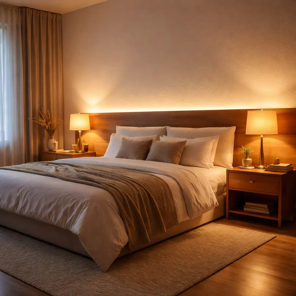 Iluminación cálida en dormitorio principal