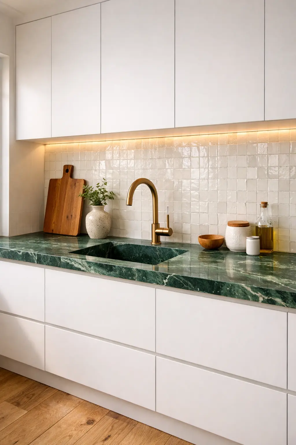 Muebles de cocina blancos con encimera verde