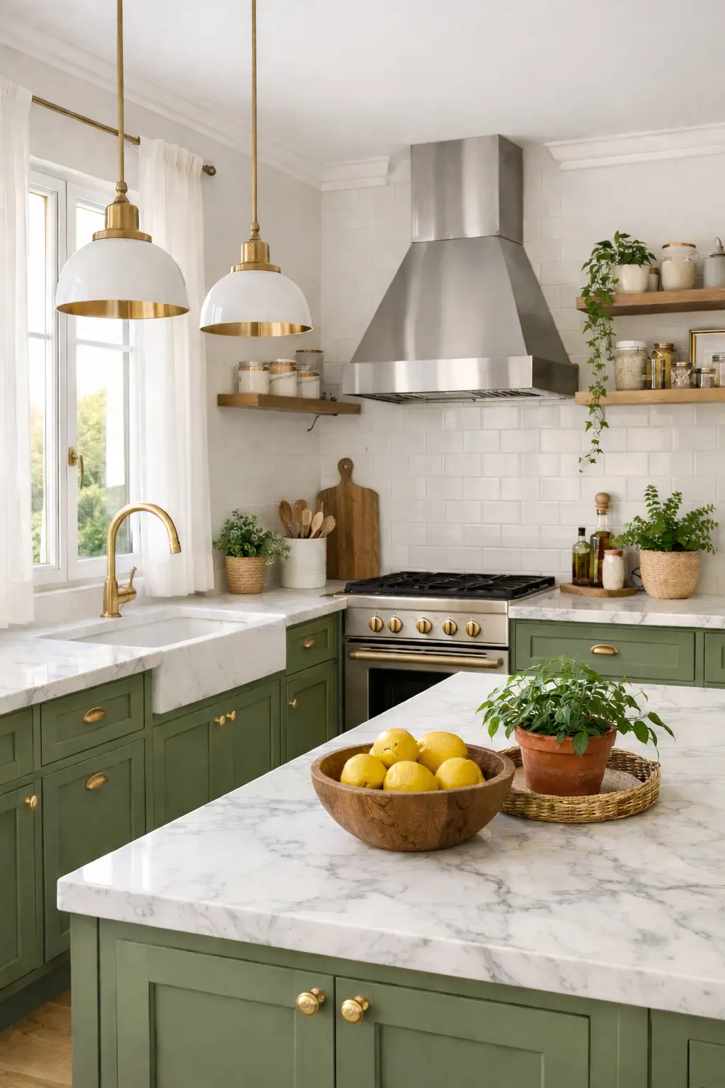 Muebles de cocina verde y encimera de piedra natural blanca