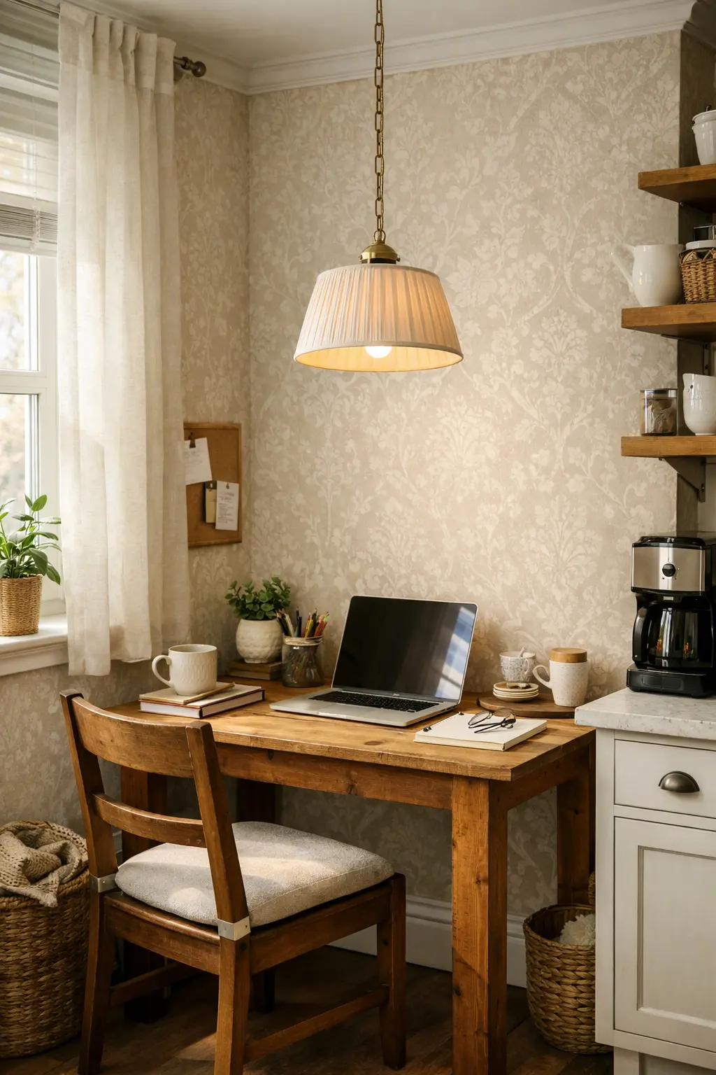 Pared de cocina en zona de office con papel pintado vintage