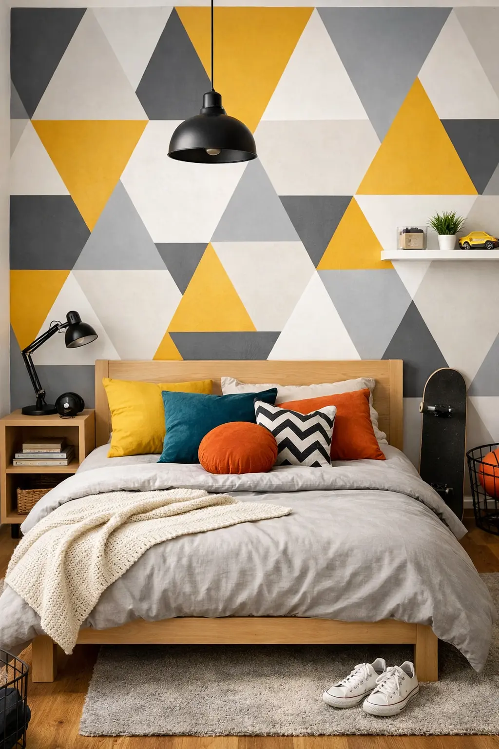 Pared con figuras geométricas en un dormitorio juvenil