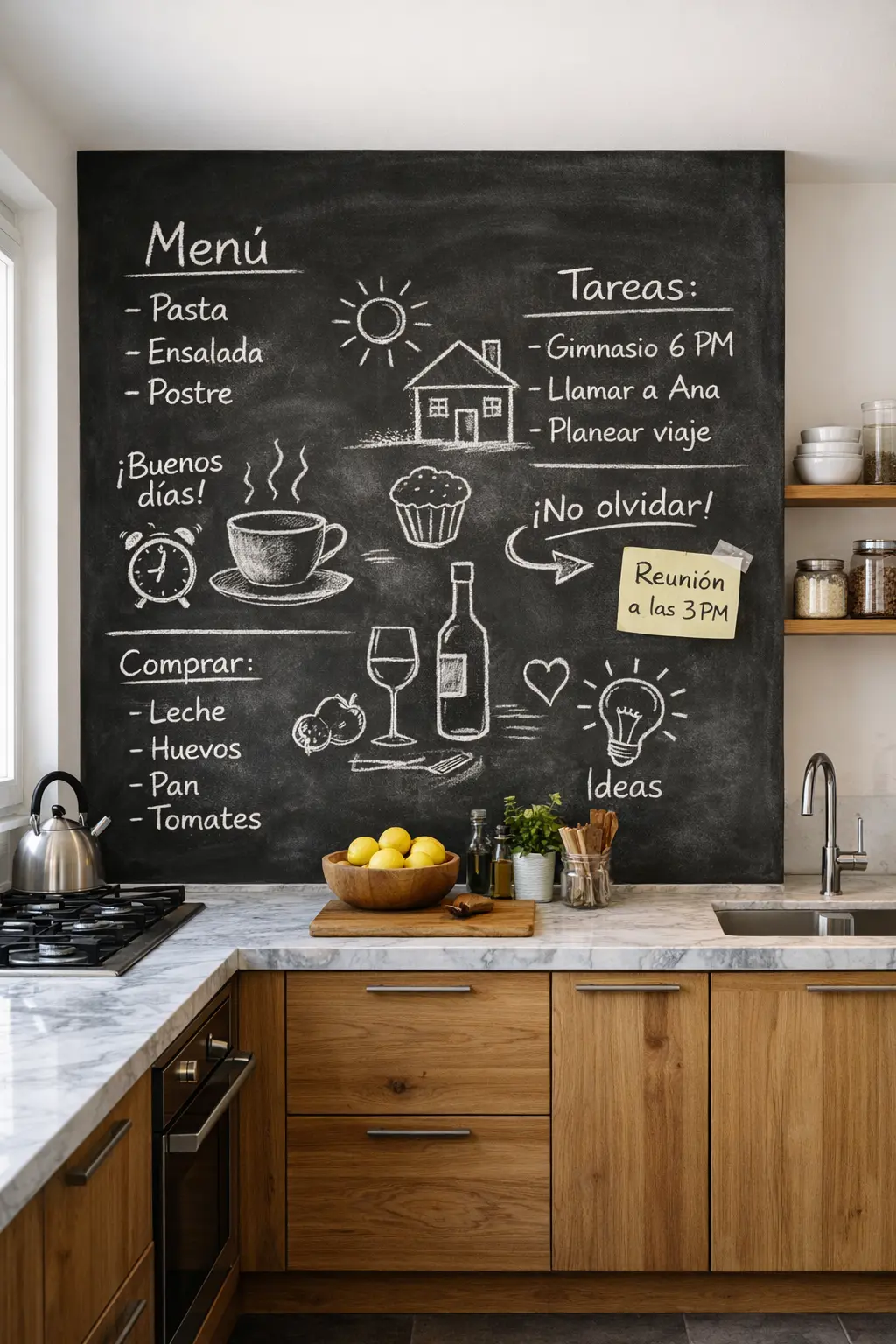 Cocina con pared de pizarra