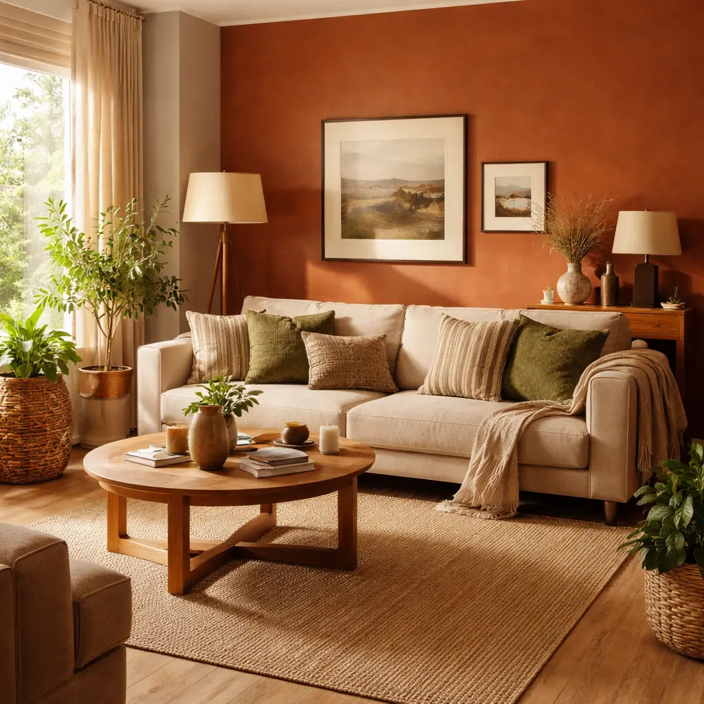 Salón pequeño con pared en color terracota