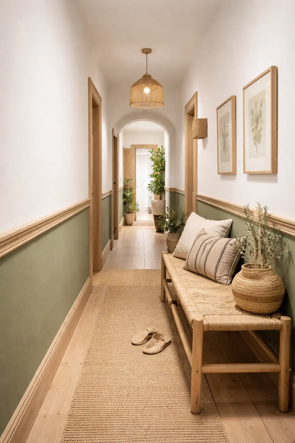 Pasillo largo y estrecho con pared bicolor