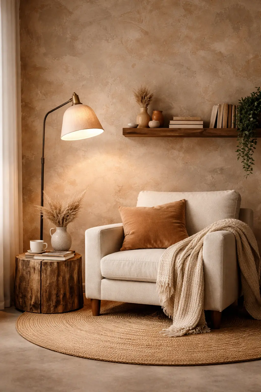 Pared rústica en rincón de lectura