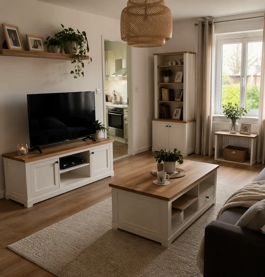 Salón pequeño en blanco y madera con decoración acogedora